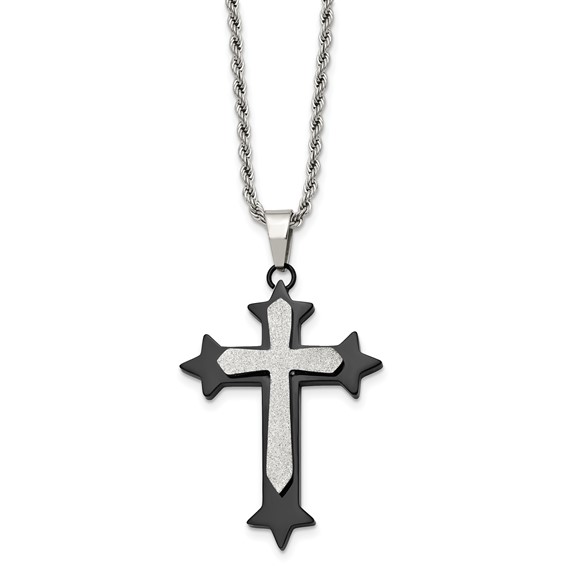 Stainless Steel Polished Black IP-plated Laser cut Cross 24in  Necklace