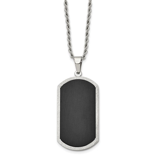 Chisel Stainless Steel Brushed Black-plated Laser Cut Edge Dog Tag on a Rope Chain Necklace, 24"