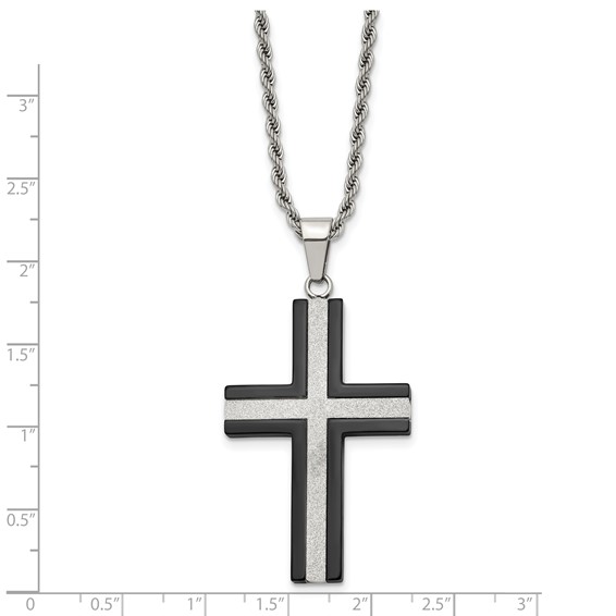 Chisel Stainless Steel Polished Black IP-plated Laser Cut Cross Pendant on a 24 inch Rope Chain Necklace