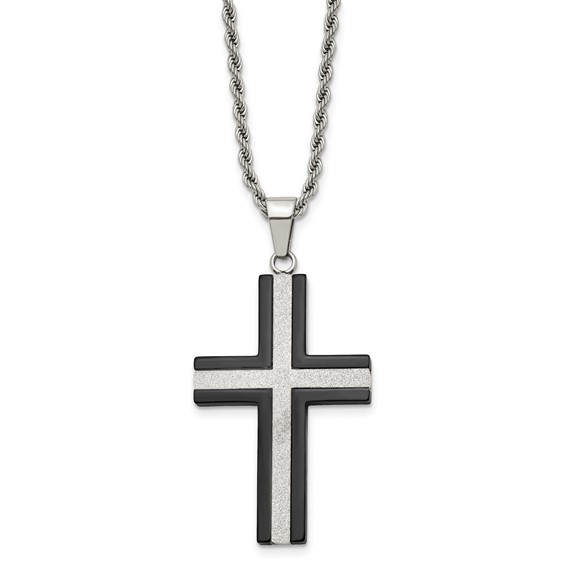 Chisel Stainless Steel Polished Black IP-plated Laser Cut Cross Pendant on a 24 inch Rope Chain Necklace
