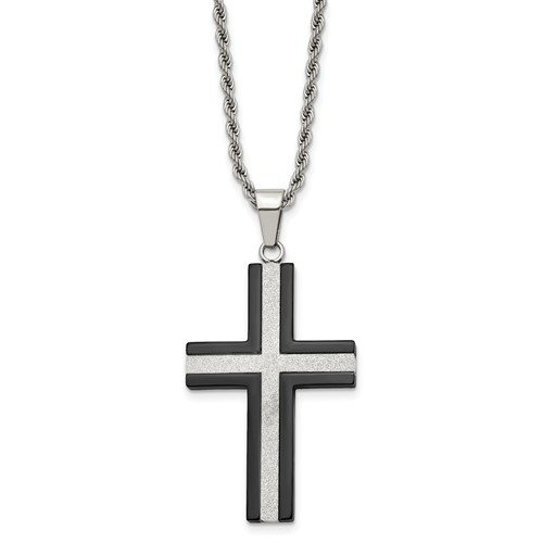 Chisel Stainless Steel Polished Black IP-plated Laser Cut Cross Pendant on a Rope Chain Necklace, 24"
