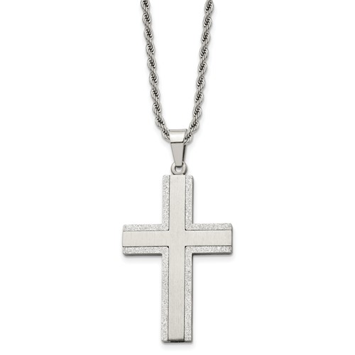 Chisel Stainless Steel Polished Laser Cut Edges Cross Pendant on a Rope Chain Necklace, 24"