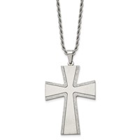 Chisel Stainless Steel Brushed Necklace with Laser-cut Edges Cross Pendant on a Rope Chain, 24" view 1