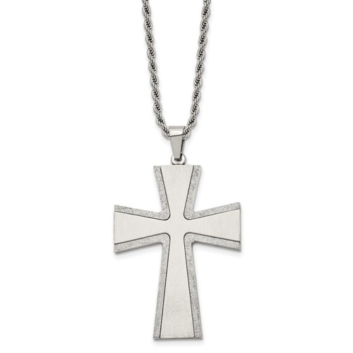 Chisel Stainless Steel Brushed Necklace with Laser-cut Edges Cross Pendant on a Rope Chain, 24"
