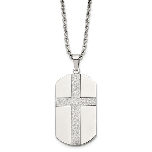 Chisel Stainless Steel Polished Laser Cut Cross Dog Tag on a Rope Chain Necklace, 24"