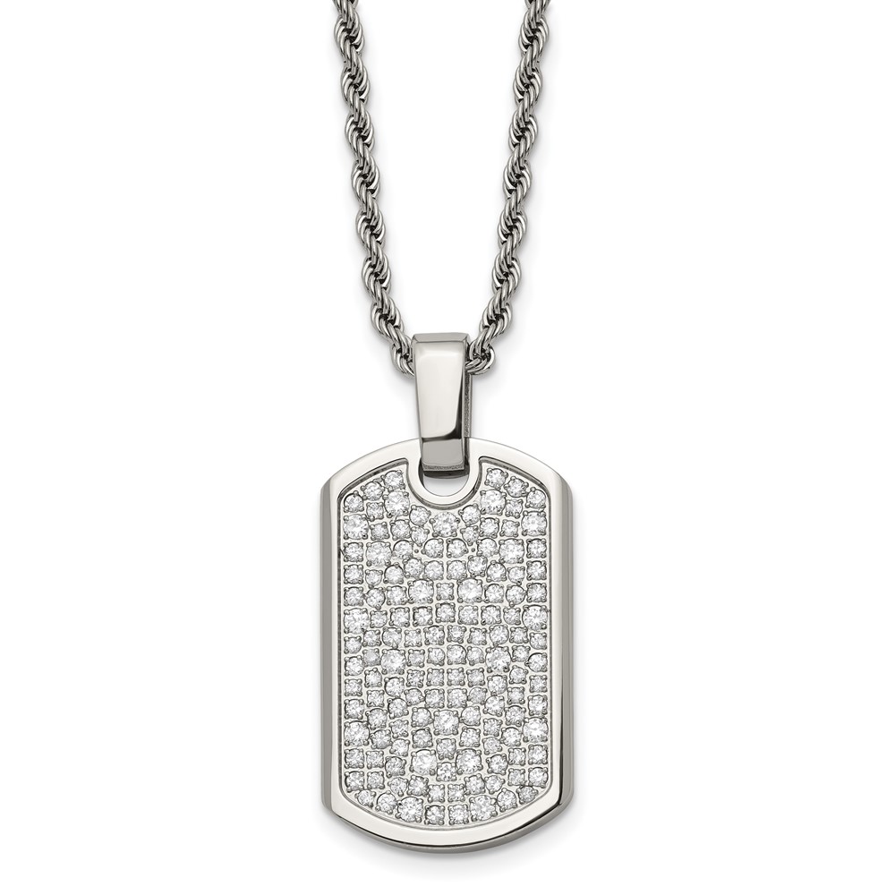 Stainless Steel Polished w/CZ Dog Tag 24in Necklace