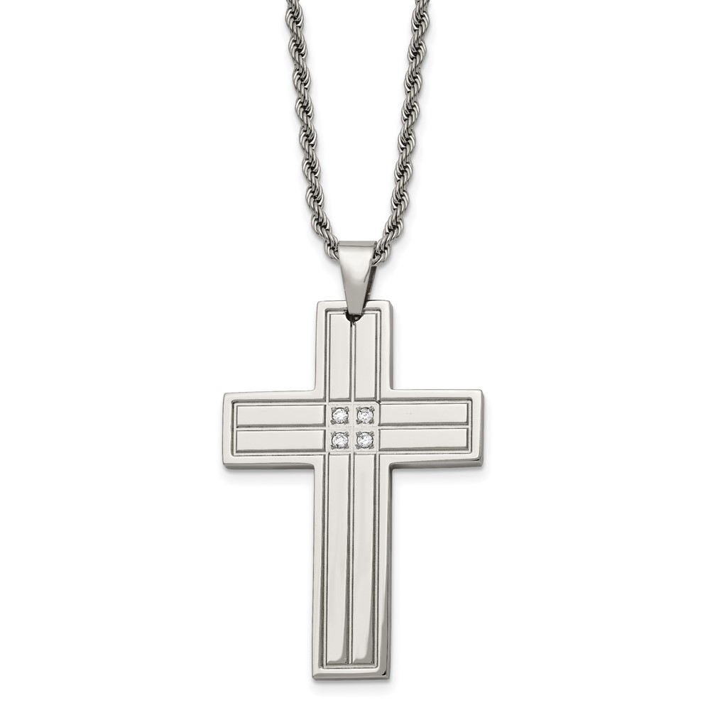 Stainless Steel Polished w/CZ Cross 24in Necklace