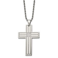 Chisel Stainless Steel Polished Necklace with CZ Grooved Cross Pendant on a Rope Chain, 24" view 1