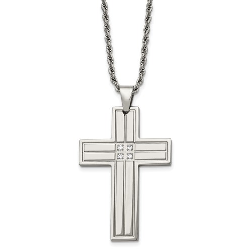 Chisel Stainless Steel Polished Necklace with CZ Grooved Cross Pendant on a Rope Chain, 24"