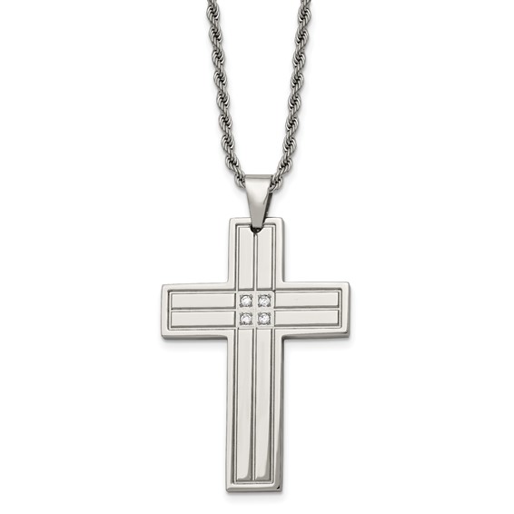 Chisel Stainless Steel Polished with CZ Grooved Cross Pendant on a 24 inch Rope Chain Necklace
