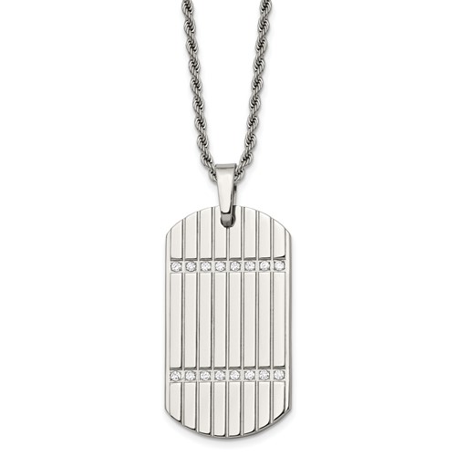 Stainless Steel Polished & Textured Necklace with CZs Dog Tag, 24"