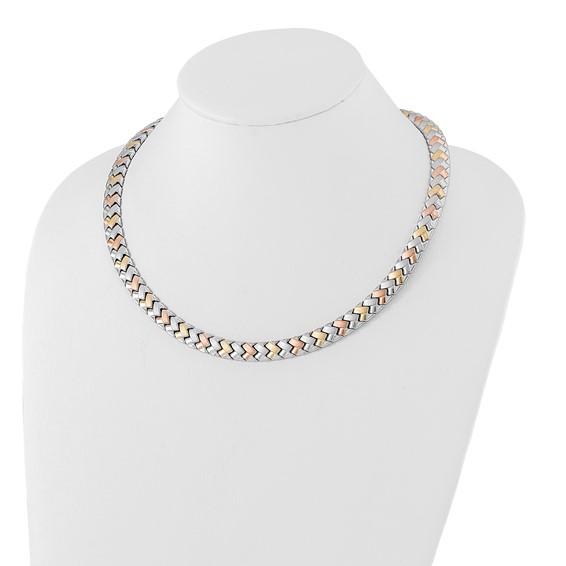 Stainless Steel Rose & Yellow IP-plated Polished & Satin Link Necklace