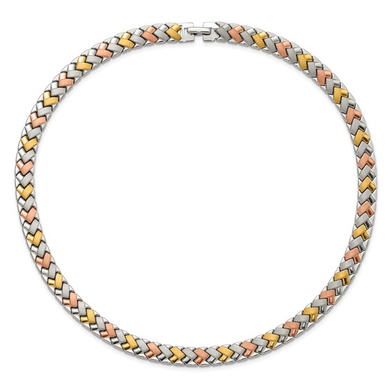 Stainless Steel Rose & Yellow IP-plated Polished & Satin Link Necklace