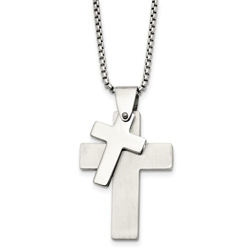 Chisel Stainless Steel Brushed and Polished Double Cross Pendant on a Box Chain Necklace, 24"