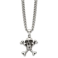Chisel Stainless Steel Antiqued and Polished Skull and Crossbones Pendant on a Curb Chain Necklace, 24" view 3