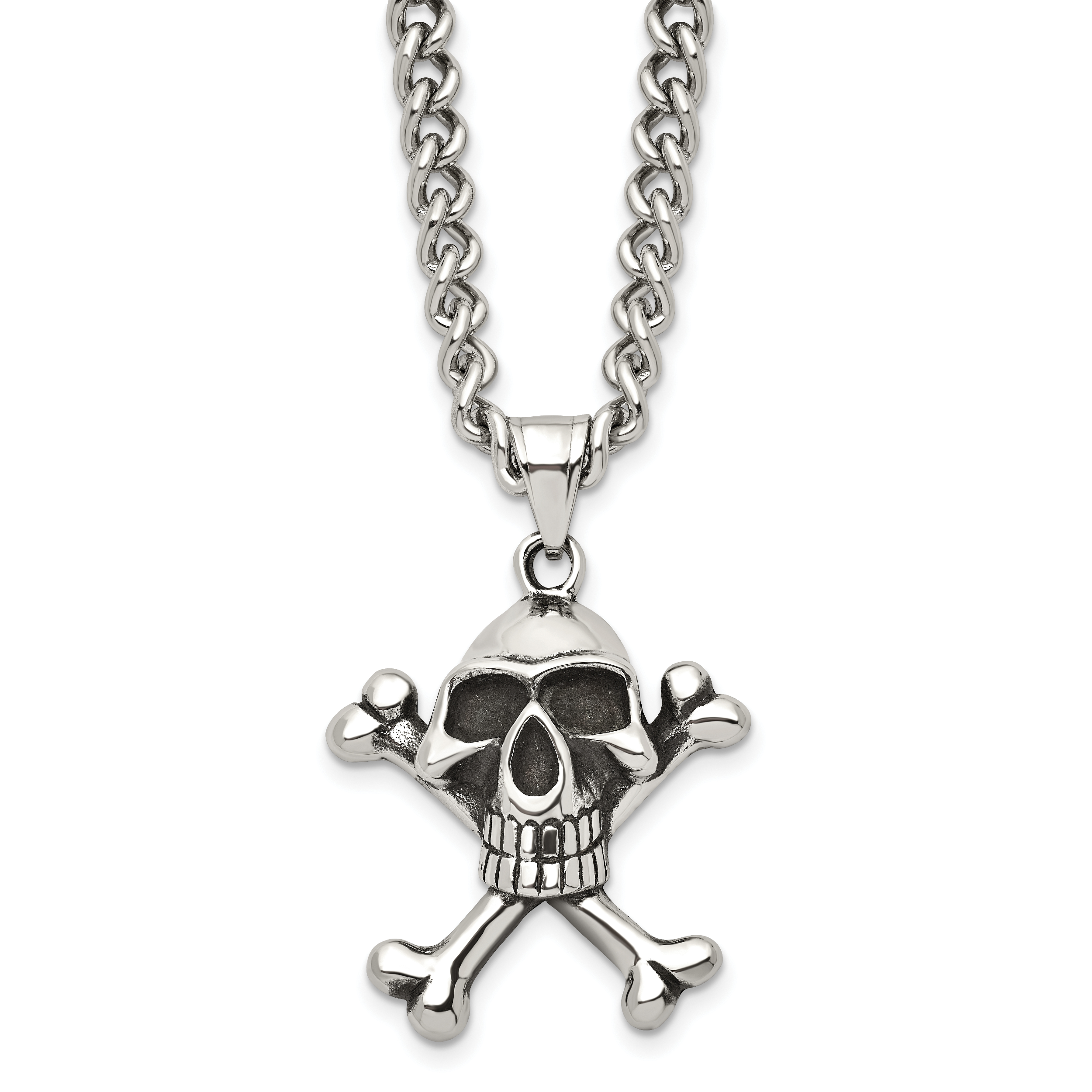 Chisel Stainless Steel Antiqued and Polished Skull and Crossbones Pendant  on a