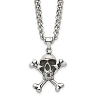Chisel Stainless Steel Antiqued and Polished Skull and Crossbones Pendant on a Curb Chain Necklace, 24" view 1
