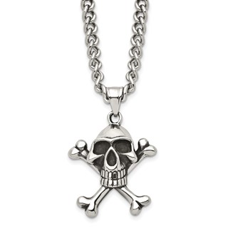 Chisel Stainless Steel Antiqued and Polished Skull and Crossbones Pendant on a 24 inch Curb Chain Necklace