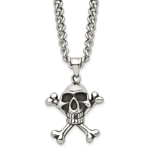 Chisel Stainless Steel Antiqued and Polished Skull and Crossbones Pendant on a Curb Chain Necklace, 24"