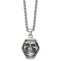 Chisel Stainless Steel Antiqued and Polished Skull Pendant on a Cable Chain Necklace, 24" view 3