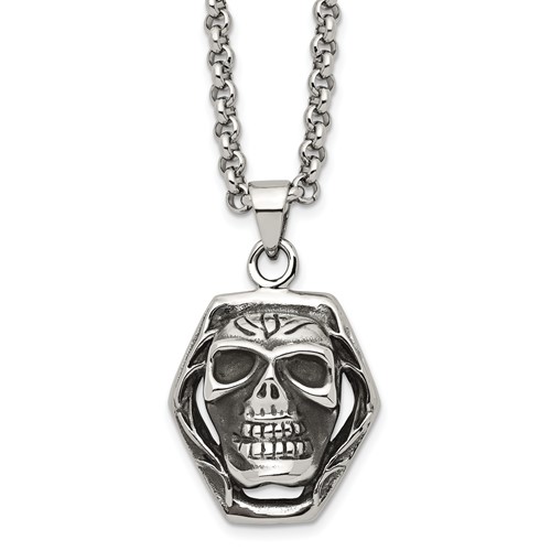 Chisel Stainless Steel Antiqued and Polished Skull Pendant on a Cable Chain Necklace, 24"