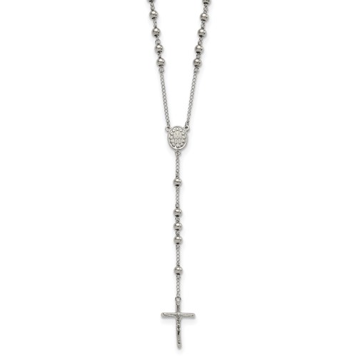 Chisel Stainless Steel Polished 6mm Beaded Rosary Necklace, 29.5"