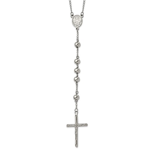 Chisel Stainless Steel Polished 8mm Beaded Rosary Necklace, 32.5"