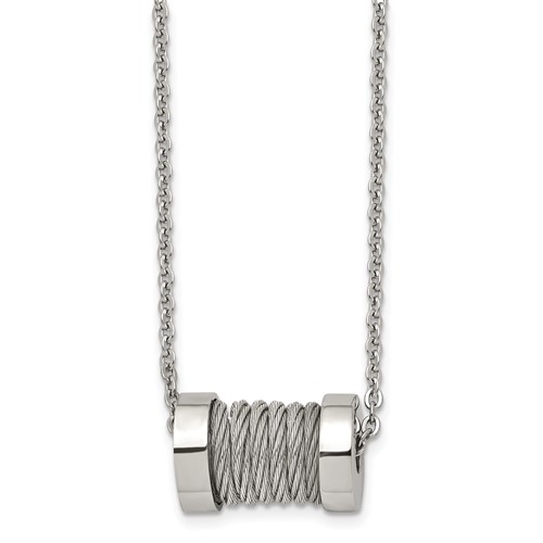 Stainless Steel Brushed and Polished Wire Barrel Necklace, 24"