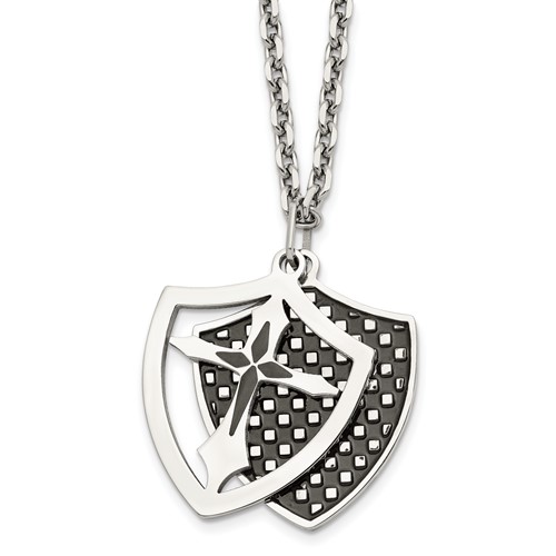 Stainless Steel Polished Black IP-plated Moveable Shield Necklace, 22"