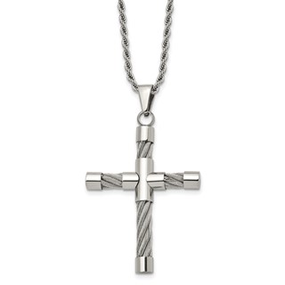 Chisel Stainless Steel Polished and Textured with Cable Cross Pendant on a 22 inch Rope Chain Necklace