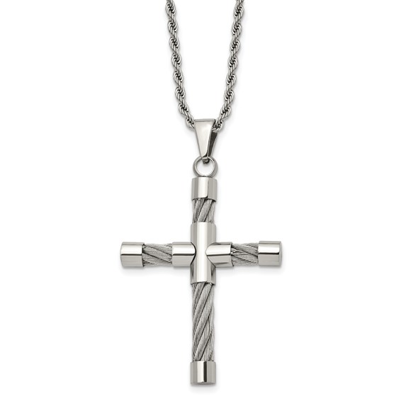Chisel Stainless Steel Polished and Textured with Cable Cross Pendant on a 22 inch Rope Chain Necklace