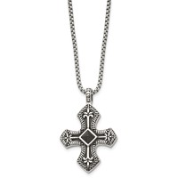 Stainless Steel Antiqued and Brushed Necklace with Black Agate Cross, 24" view 3