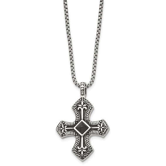Stainless Steel Antiqued and Brushed w/Black Agate Cross 24in Necklace