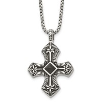 Stainless Steel Antiqued and Brushed Necklace with Black Agate Cross, 24" view 1