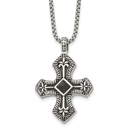 Stainless Steel Antiqued and Brushed Necklace with Black Agate Cross, 24"