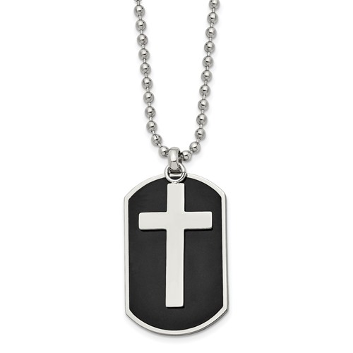 Chisel Stainless Steel Polished Black IP-plated 2 Piece Cross Dog Tag on a Ball Chain Necklace, 24"