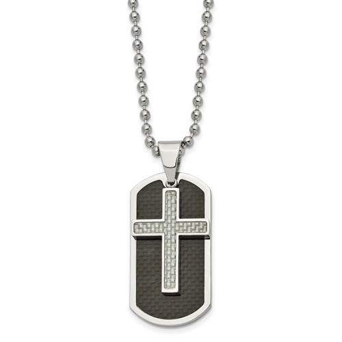 Chisel Stainless Steel Polished Black and Grey Carbon Fiber Inlay 2 Piece Cross Dog Tag on a Ball Chain Necklace, 24"