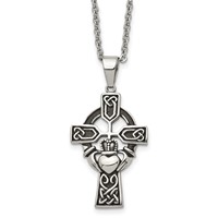 Chisel Stainless Steel Antiqued and Polished Claddagh Cross Pendant on a Cable Chain Necklace, 20" view 1