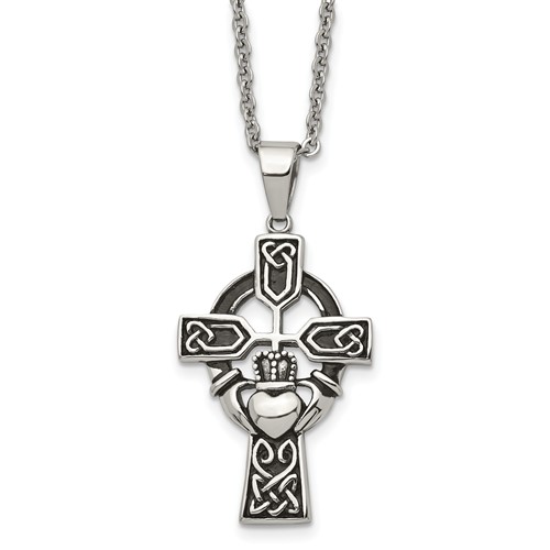 Chisel Stainless Steel Antiqued and Polished Claddagh Cross Pendant on a Cable Chain Necklace, 20"
