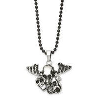 Stainless Steel Antiqued & Polished Black IP Skulls Necklace with Wings, 24" view 3