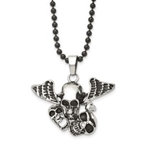 Stainless Steel Antiqued & Polished Black IP Skulls Necklace with Wings, 24" view 1