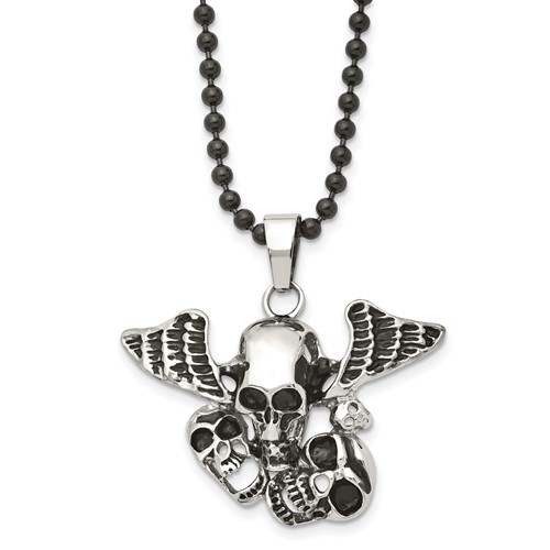 Stainless Steel Antiqued & Polished Black IP Skulls Necklace with Wings, 24"