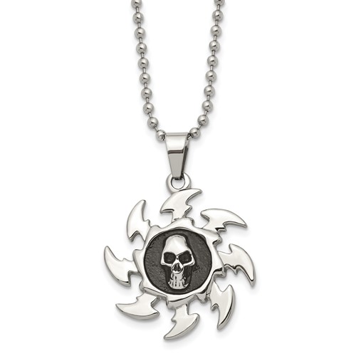 Chisel Stainless Steel Antiqued and Polished Skull on Saw Blade Pendant on a Ball Chain Necklace, 24"