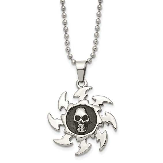 Chisel Stainless Steel Antiqued and Polished Skull on Saw Blade Pendant on a 24 inch Ball Chain Necklace