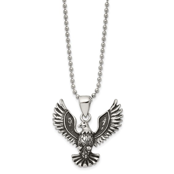 Chisel Stainless Steel Antiqued and Polished Eagle Pendant on a 22 inch Ball Chain Necklace