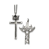 Chisel Stainless Steel Polished and Enameled 2 Piece Cross Necklace with Crown Pendant on a Curb Chain, 22" view 2