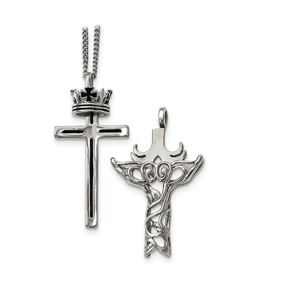 Chisel Stainless Steel Polished and Enameled 2 Piece Cross with Crown Pendant on a 22 inch Curb Chain Necklace