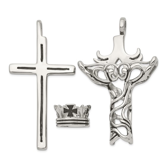 Chisel Stainless Steel Polished and Enameled 2 Piece Cross with Crown Pendant on a 22 inch Curb Chain Necklace