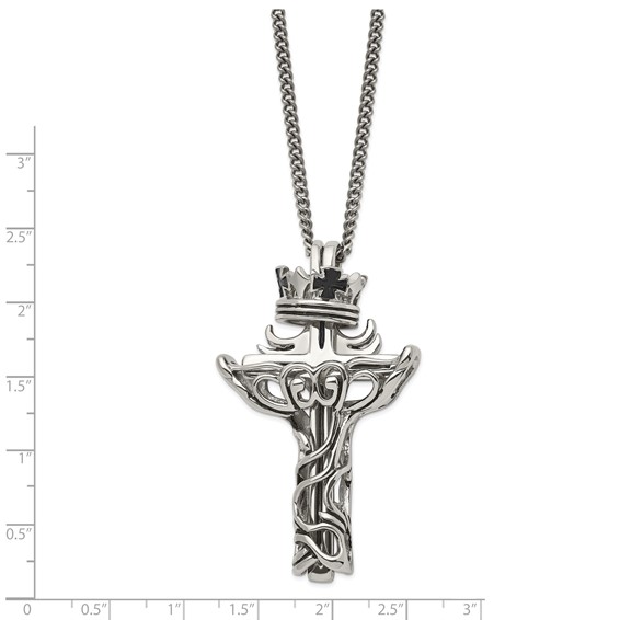Chisel Stainless Steel Polished and Enameled 2 Piece Cross with Crown Pendant on a 22 inch Curb Chain Necklace