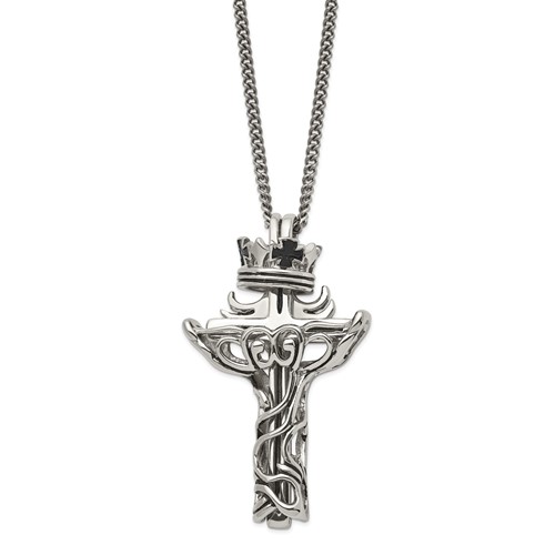 Chisel Stainless Steel Polished and Enameled 2 Piece Cross Necklace with Crown Pendant on a Curb Chain, 22"